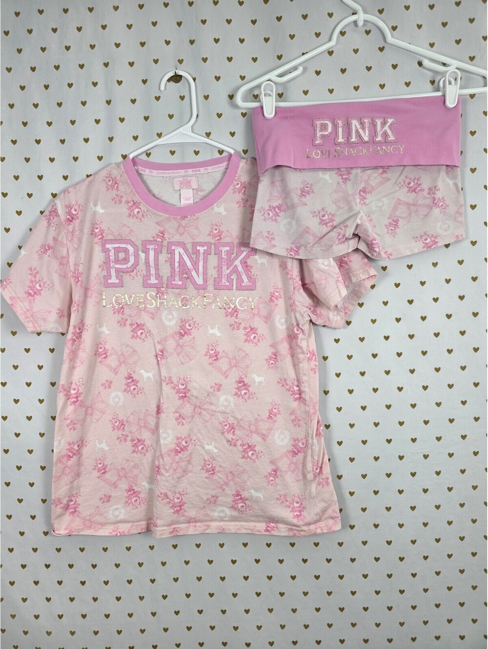 Victoria's Secret PINK x LoveShackFancy Bow Tee Foldover Shorts Set XS outfit
